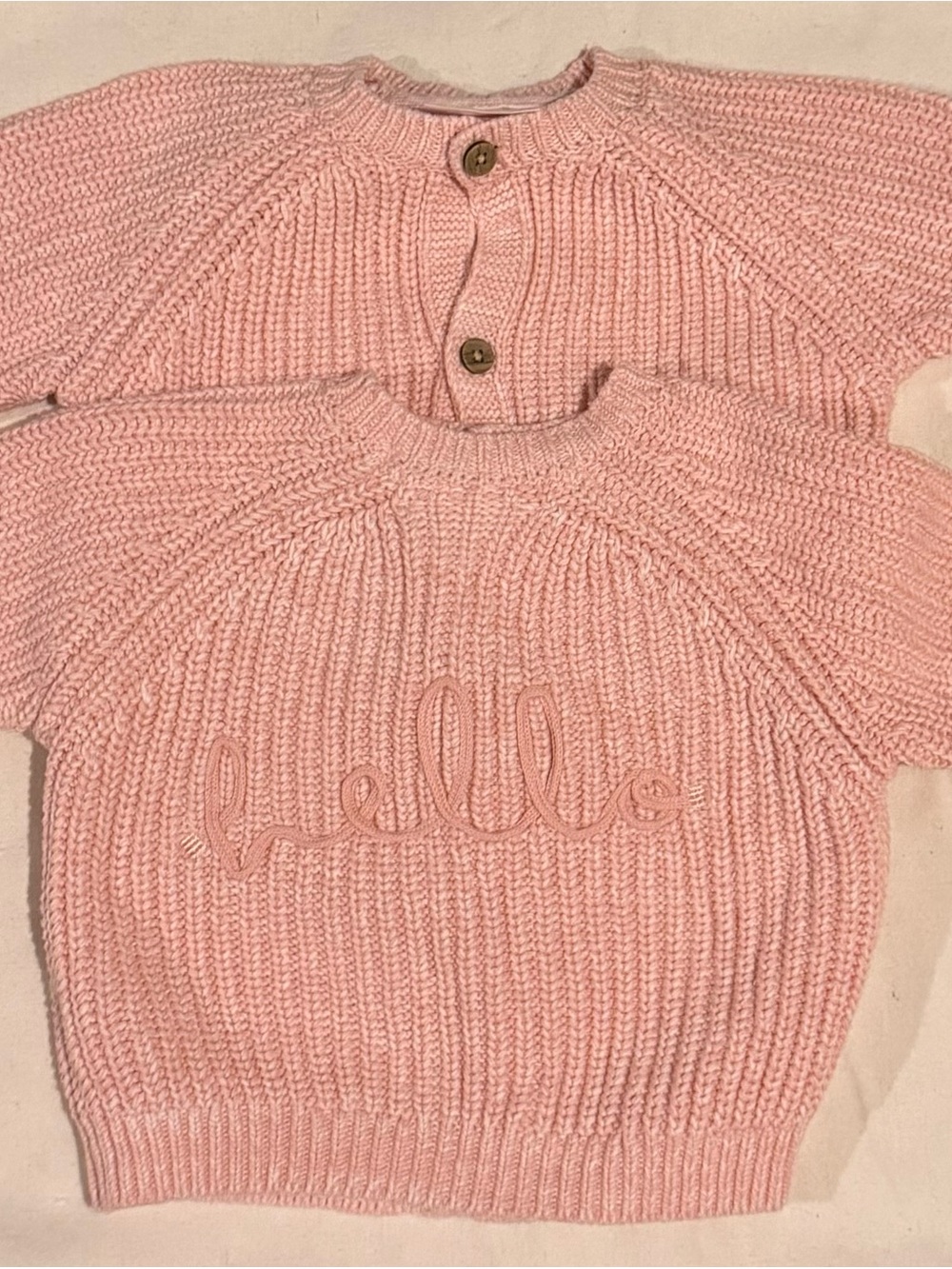 Pink Knit Short-Sleeve Sweater with Script Detail
